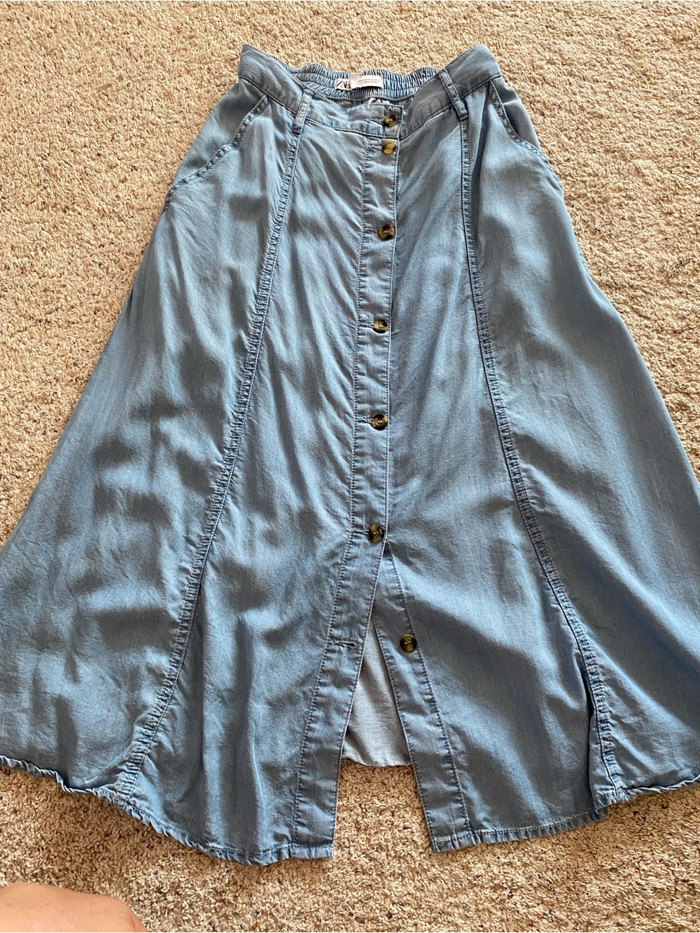 Zara Light Blue Button-Front A-Line Midi Skirt